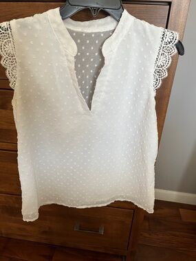White Swiss Dot Lace-Trim Sleeveless Top